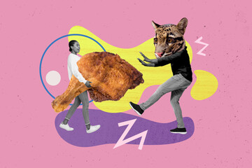 Pinup pop collage retro advert of girl with fried turkey thigh feed pet cat with dangerous product...