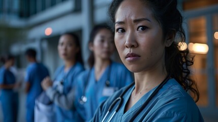 Fototapeta premium healthcare focus: a confident woman in blue scrubs