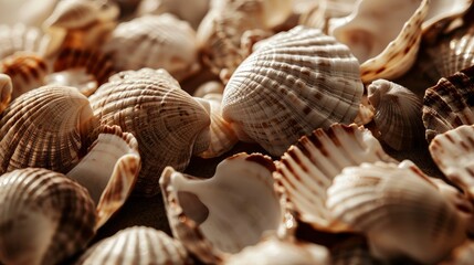 Closeup of a collection of seashells in sepia tone, perfect for natural textured backgrounds.