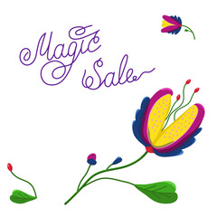 Color illustration of discounts with fantastic colors. Set of fabulous alien plants on a white background.