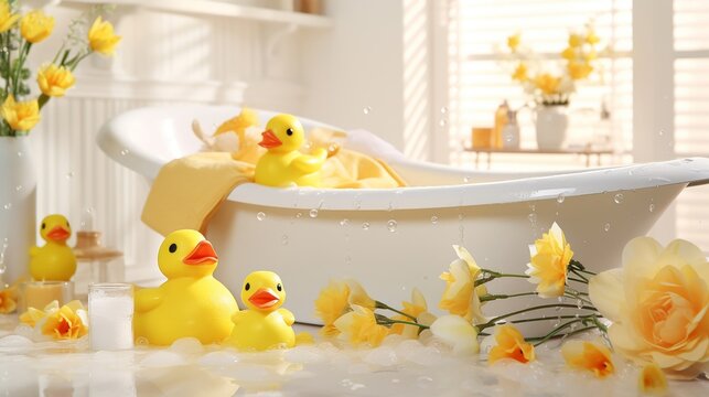 Relaxing bubble bath with yellow rubber ducks and fresh flowers.