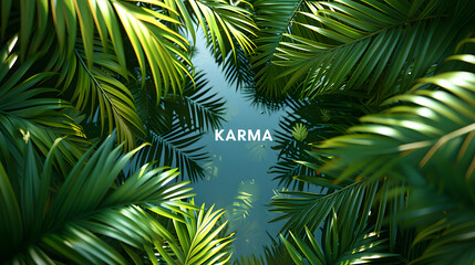 Fototapeta na wymiar Karma. Top view of paradise forest of palm trees.