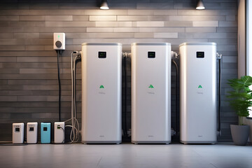 battery packs alternative electric energy storage system at home garage wall as backup or sustainable energy concepts