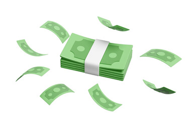 3d dollar banknote stack with flying banknotes isolated. economic movements or business finance, loan concept, 3d render illustration