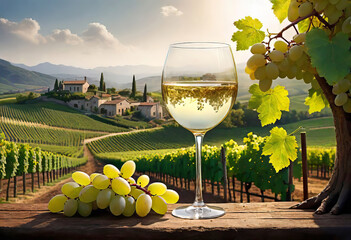 Glass of wine with wine pouring from a bottle and landscape of a vineyard on a sunny day. Winemaking concept, copy space, - obrazy, fototapety, plakaty
