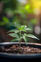 macro photography of a newly growing marijuana tree in a pot