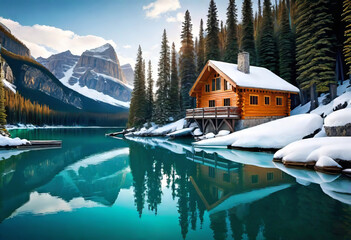 Emerald lake with snow-covered and wooden house at night on the lake shore, glowing stars in the rocky mountains and pine forest in winter,