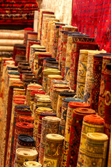 Rolls of carpets in shop Istanbul Turkey