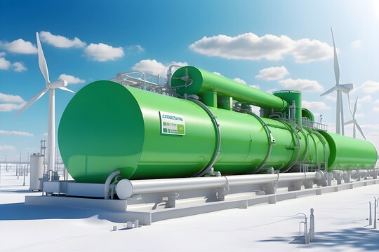 Green Hydrogen renewable energy production pipeline. Green hydrogen gas for clean electricity solar and wind turbine facility.