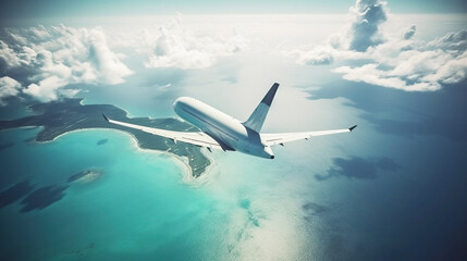 Fototapeta premium Tourist plane liner flies over a tropical sea city in the morning sun. Exotic travel. AI generated.