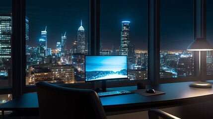 Fototapeta na wymiar Sleek home office with a breathtaking night cityscape view.