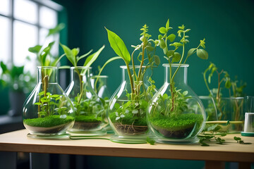 Green Technology Concept with Plants and Green Shoots in a Laboratory.