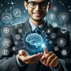 Businessman holding abstract brain and icon tools, device