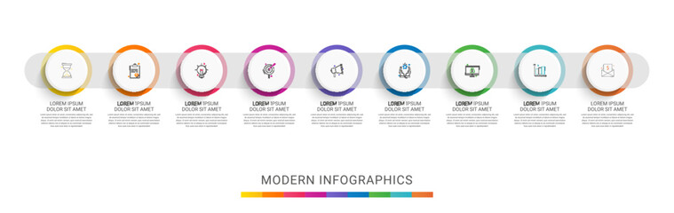 Circle vector infographic template with 9 steps and options for annual reports, presentations, advertising, chart. Modern business illustration.