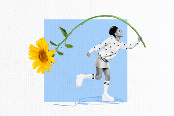 Horizontal composite photo collage of fashionable funky young girl run hold big yellow flower...