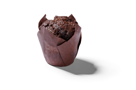 One chocolate muffin in brown paper isolated on a transparent background with transparent shadow.