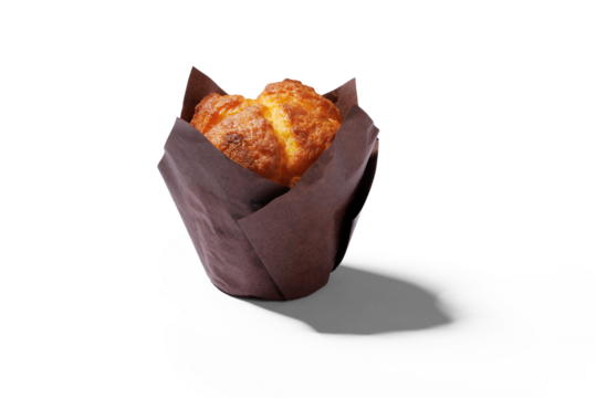 One muffin in brown paper isolated on a transparent background with transparent shadow.