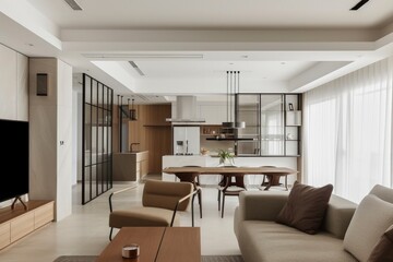 modern minimalist home interior design, neutral color palette, an open-concept living space seamlessly connected