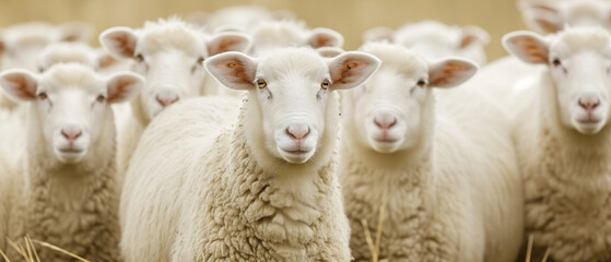 Serene Assembly of Sheep in Pasture: A High-Resolution Image Capturing the Calm Gaze of a Flock in Soft Natural Light