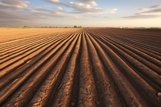 Plowed field with furrows ready for planting.