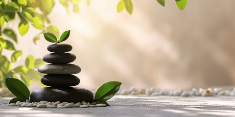 Zen Stone Stack with Green Leaves and White Pebbles on Bright Natural Background