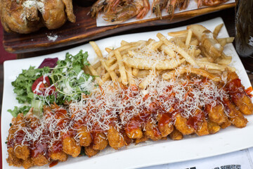 American food: french fries, sandwich, and fast food.