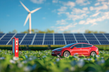 red electric vehicle using sustainable source, wind generators and solar batteries in background...