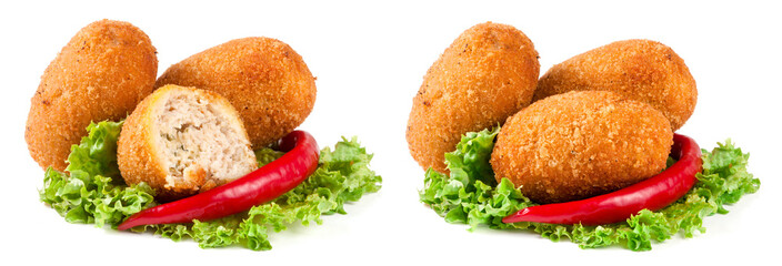 three fried breaded cutlet with lettuce and pepper isolated on white background