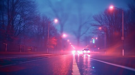 Mysterious evening scene with red street lights and fog.