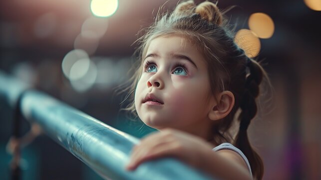 beautiful little girl is engaged in sports gymnastics on a parallel bars at gym. Copy space for text.