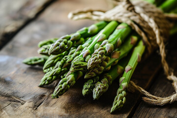 asparagus green, bouquet tied with rope, fresh, wooden old table