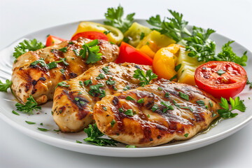grilled chicken plate with vegetables and herbs, selective focus