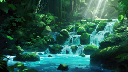 majestic green blue shining fairytale forest scenery with a river