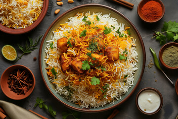 spicy and delicious chicken biryani, herbs, top view