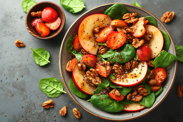 Fruit salad with red apple, avocado, spinach and walnuts, in bowl,