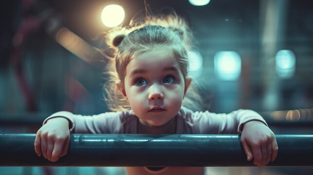 beautiful little girl is engaged in sports gymnastics on a parallel bars at gym. Copy space for text.