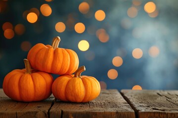 orange pumpkins on a wooden table on a bokeh glowing background copy space