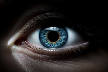 iris of eye girl light blue, close-up macro, eyelashes, well-groomed skin