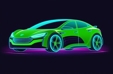 neon image of an electric car that is charging at a station on a black background. The concept of electric cars and green energy