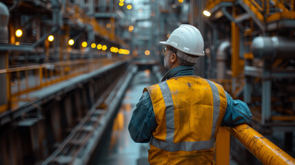 A dam engineering doing his checking routine. He is wearing a white hard hat and yellow transparent vest. He is standing by the rail by the dam. generative ai.