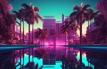 Tropical Beach with Lush Palms and Pink Moonrise