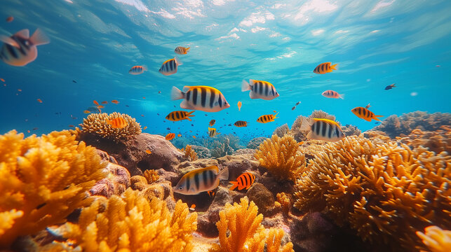 Tropical sea underwater fishes on coral reef. Aquarium oceanarium wildlife colorful marine panorama landscape nature snorkel diving. Underwater coral reef fish shoal landscape. Coral reef underwater.