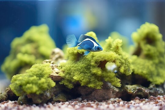 blue tang fish grazing on algae on coral
