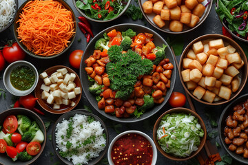 thai food, salads and wok, asian food, top view, bowls