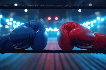 Two male hands in red and blue boxing gloves.