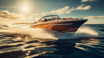 Sleek speedboat cutting through ocean waves at sunset with mountains in the distance. - obrazy, fototapety, plakaty