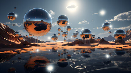 Planet of mirrors that reflect future choices octa 00533 02,,
dreamlike scene of a surreal landscape with float Free Photo - obrazy, fototapety, plakaty