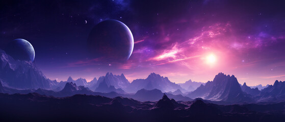 Experience the magical allure of "Moon Mountain Night Planet Purple Sky Space Star," where celestial elements converge in a cosmic masterpiece.