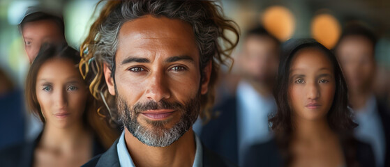 A diverse man and woman business team at their company office building, generative ai