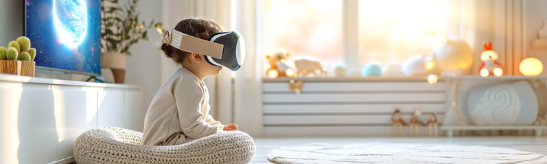 Child in virtual reality googles sitting indoors. Future innovation and knowledges concept. - obrazy, fototapety, plakaty